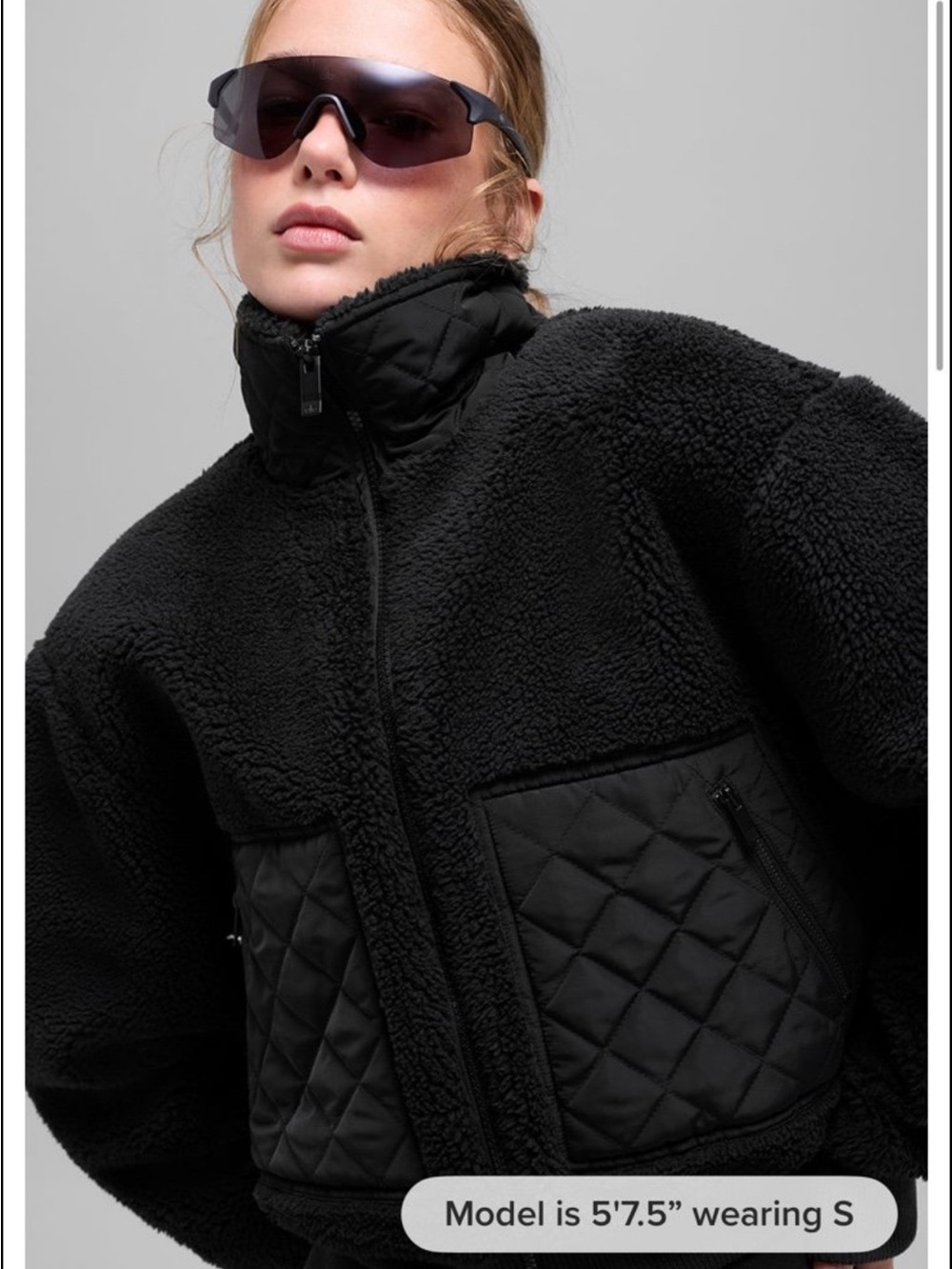 ALO Black Sherpa Zip-Up Jacket with Quilted Pockets